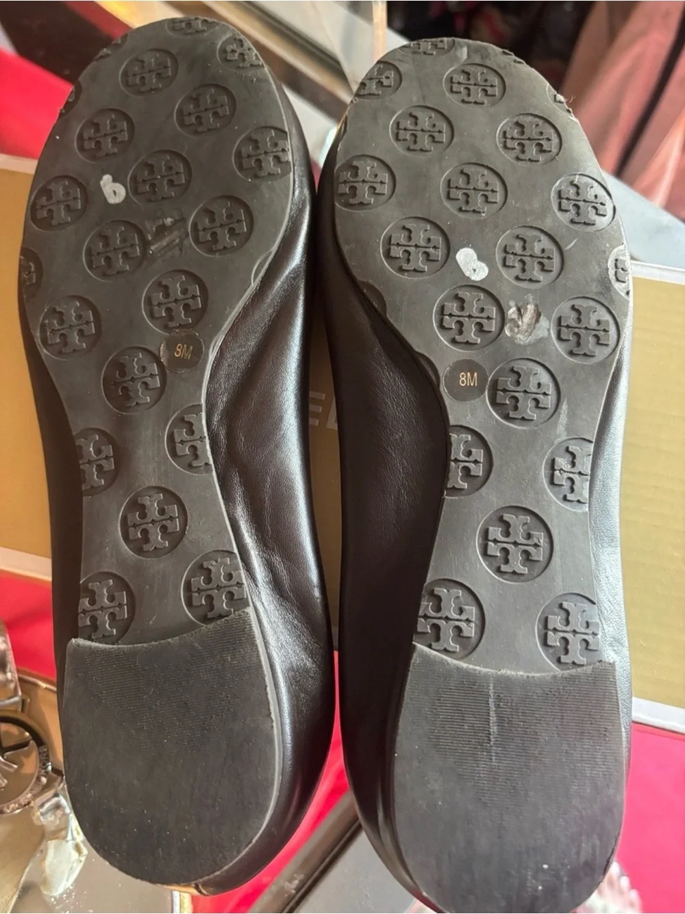 Tory Burch Black Leather Logo Ballet Flats with Gold Medallions